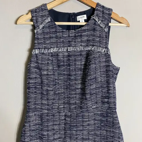 J.Crew Factory Tweed Fringe Sheath Dress Women's 2 Navy Sleeveless Career Preppy Blue