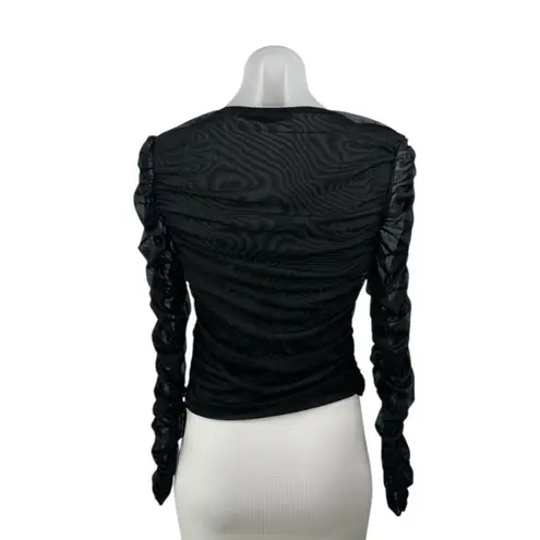 NA-KD Women's Black Mesh Ruched Long Sleeve V-neck Crop Corset Blouse Top Sz XS