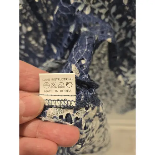 Trisha Tyler M Navy Lace Ombre Button Up Blouse Coastal Artsy Lagenlook Sheer Blue Size M