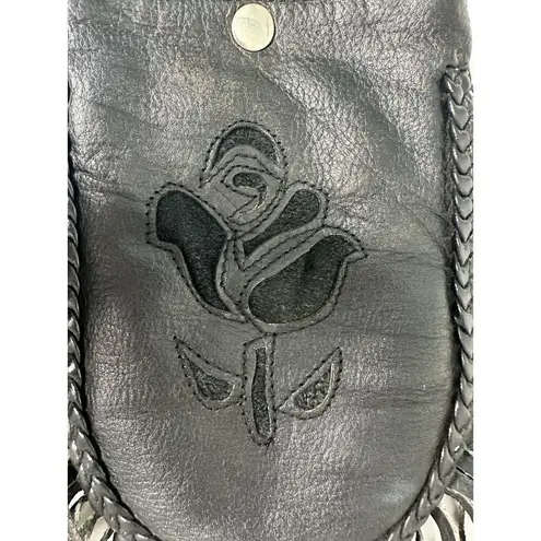 Leather Western Fringe Floral Rose Belt Hip Clip Bag Black
