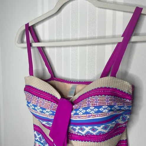 Tropical Escape  Striped Tankini Swim Tie Tank Top Neon Purple Blue Tan Size 8