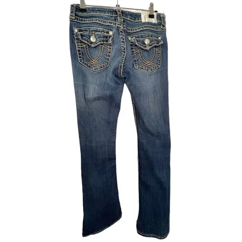 LA Idol Mid Rise Boot Cut Denim Jeans With Jewels and Brown Threading Blue Size undefined