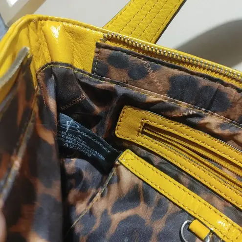 B Makowsky Yellow Leather Tote Bag With Animal Print Lining & Dual Handles Zippe