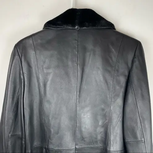 Covington Long Black Leather Jacket Button Front Trench Sz Med Faux Fur Collar