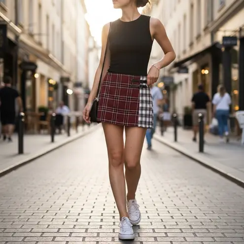 Source Unknown Y2K 28” pleated plaid buckle mini skirt with a red white plaid pattern - Image 3