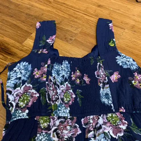 BOG Collective Navy Blue Floral Wide Leg Jumpsuit Tank Pants Women's Size Large