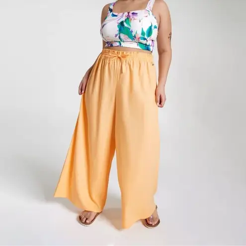 CALIA Linen Blend High Waisted Wide Leg Cover Up Swim Pant Sunrise Orange Size L Size L