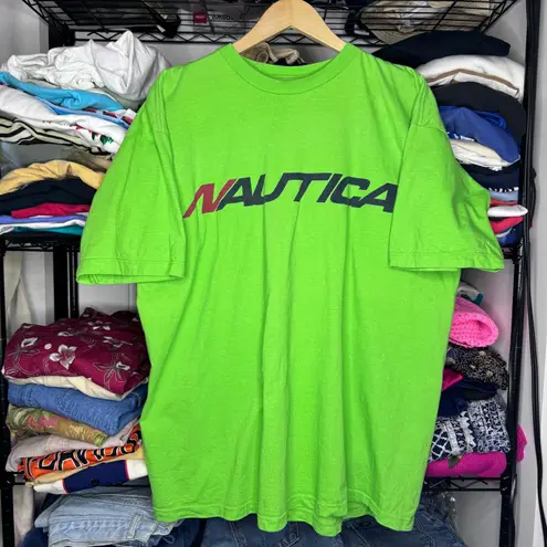 Nautica Vintage 90’s Neon Green Made in USA  “Challenge” Short Sleeve T-shirt Sz XL