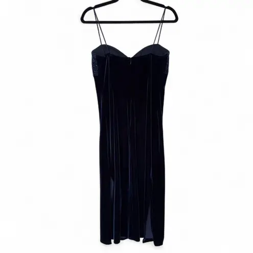 y2K Midnight Blue Velvet Spaghetti Strap Midi Dress with Beaded Bust size 8