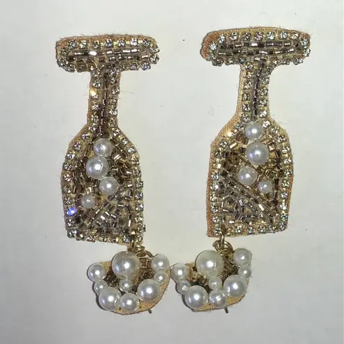 Gold Tone Fabric Faux Pearl Beaded Rhinestone Champagne Glass Earrings