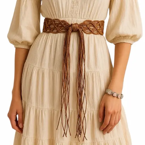 Boho Western Brown Cognac Braided Macramé Fringe Belt Women’s Size Small Medium