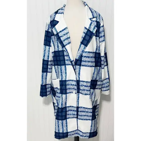 None Check Plaid Lightweight Coat Jacket Button Front Pockets White Blue Women's XL