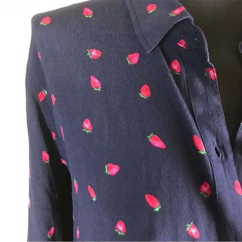 Rails NWOT Kate Strawberry Print Relaxed Navy Blue Button Up Top Shirt Blouse XS