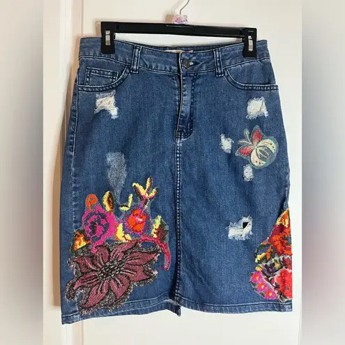 Anthropologie Gardener’s Denim Embellished Skirt Cecilia Prada SP Appliqué Rose
