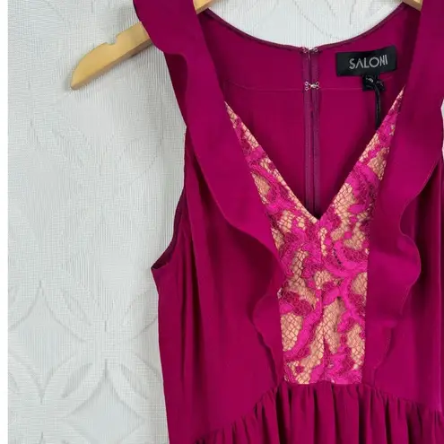 Saloni Suzi Ruffle Lace Trimmed Crinkled Gauze Maxi Size 6 Dress Magenta $625 Pink