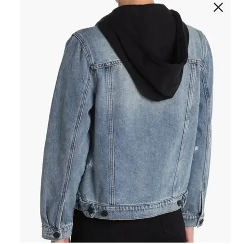 BLANK NYC  Blue Denim Jean Jacket With Removable Black Hoodie Distressed Size XS