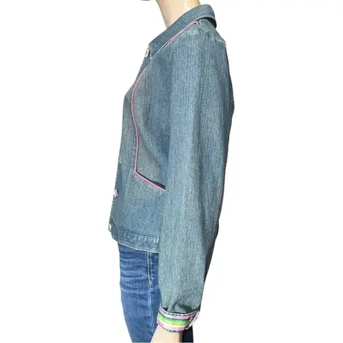 SPANNER Darling Women’s Size 8 Pink Trim Denim Stripe Buttons Jean Jacket Blue
