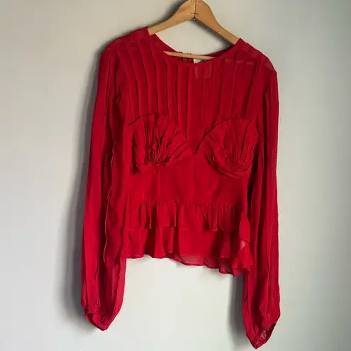 Farm Rio Red Pleated Long Sleeve Peplum Bustier Blouse Medium