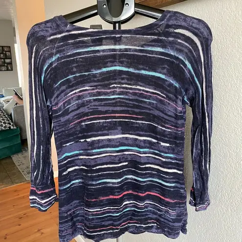 Nic and Zoe Linen Blend Lightweight Painted Stripe Arsty Art to wear Top Size PS Blue