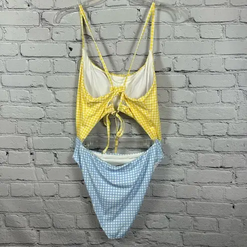 AQUA  One-Piece Swimsuit Cut-Outs Checkered Cornflower Blue & Yellow XL NWT
