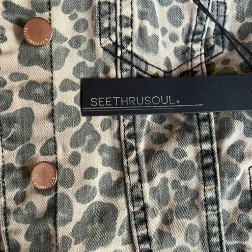 See Thru Soul Fitted Leopard Animal Print Denim Trucker Jacket Size XS NWT Tan