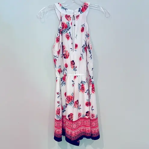 Trixxi ‎ Floral Halter Top Romper Women&#x27;s Small White Red Scalloped Elastic Waist