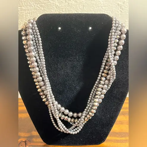 Grey Pearl and Beaded Necklace multiple strands and sizes faux pearls and beads Silver