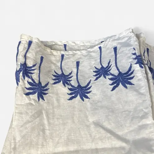 Calypso St. Barth White Linen Pants Blue Palm Tree Print Coastal Resort Wear