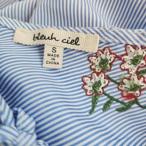Bleuh Ciel Blue & White Striped Floral Embroidered Open Back Long Sleeve Top (S)