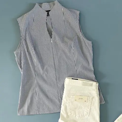 Ming Wang Mandarin Collar Sleeveless Zip Up Blue White Pinstripe Blouse