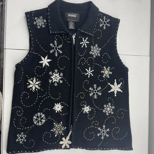 Vtg Size PM Petite Sweater Vest Snowflakes Full Zip Up Black Christmas Woman's