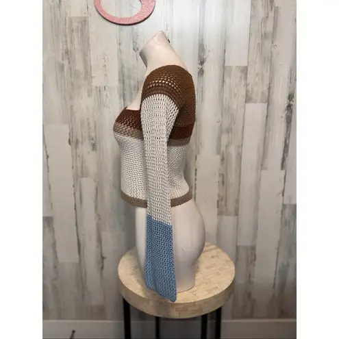 Colorblock Crochet Knit Top | Long Bell Sleeve Off Shoulder Sweater Size Small Brown