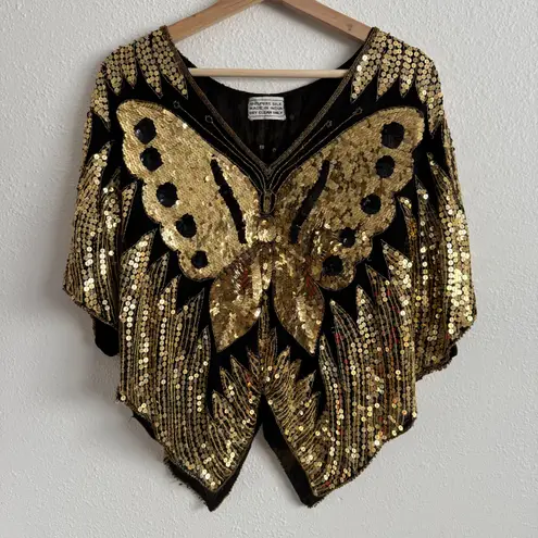 Vintage 70s Gold Black Silk Sequin Beaded Butterfly Boho Disco V Neck Drape Top