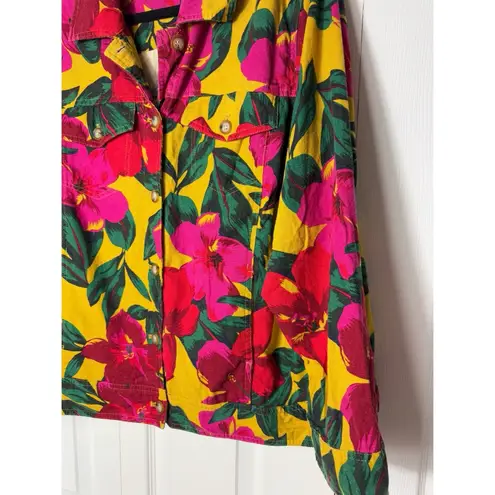 Tahari Linen Blend Tropical Floral Jacket Yellow Pink Green Button Front 1X