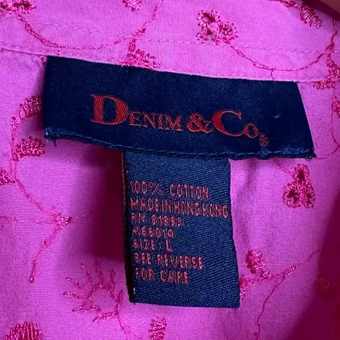 Denim & Co Vintage Pink Embroidered Button Down Shirt Women’s Sz Large Oversized