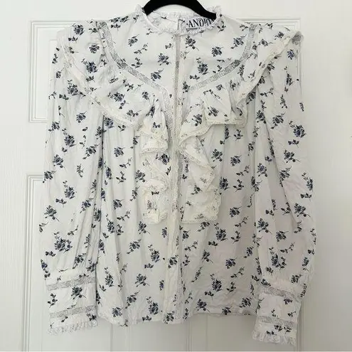 Andion White and Blue Ruffled Bib Lace Collar Blouse Floral