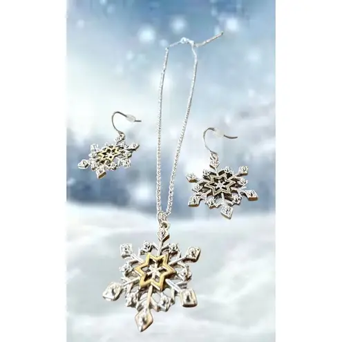 Snowflake Necklace Earrings Set 16" Chain New Reversible Festive Winter… Gold
