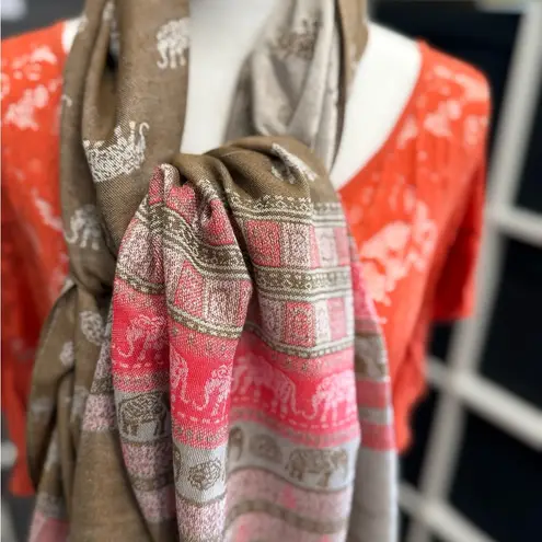 Sam Well Pashmina Long Cashmere Brown and Coral Red Elephant Patterned Scarf
