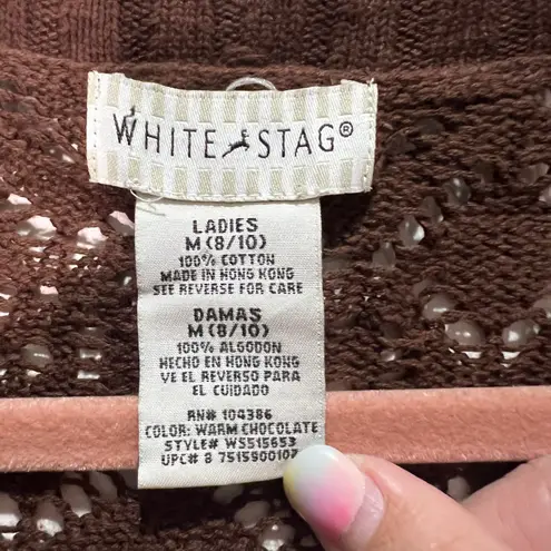 White Stag Open Knit Cardigan Womens M Warm Chocolate Brown 3/4 Sleeve Sweater