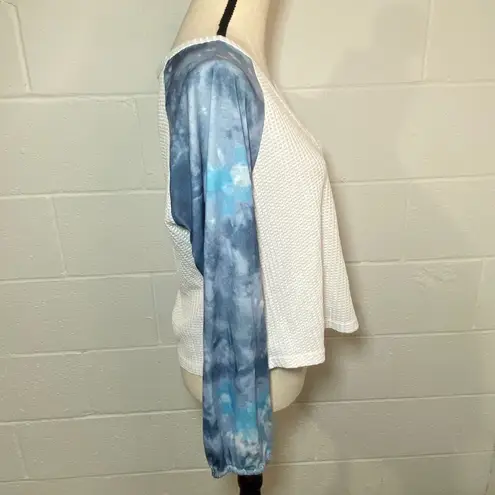 Love + Harmony White Waffle Pattern & Blue Tie Dyed Long Sleeve Side Tie Blouse