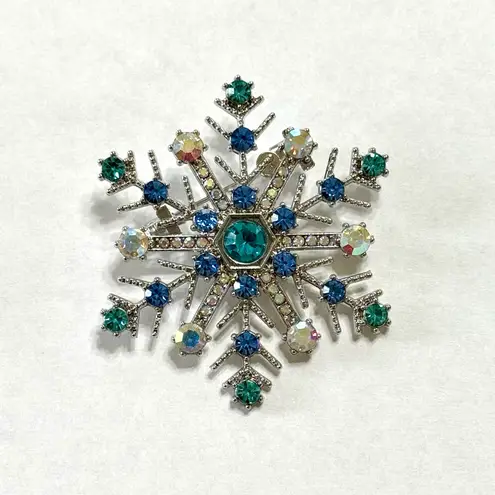 Snowflake Brooch Silver Tone Blue and Clear Crystals New