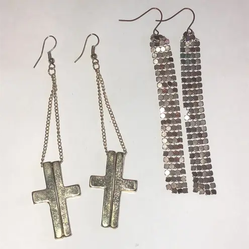 Gold Tone Boho Cross Dangle Brass Tone Mesh Earrings