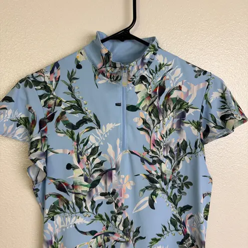 Kastel Denmark Sun Shirt Womens S Blue Floral Flutter Sleeve 1/4 Zip Equestrian