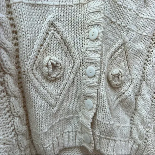 Vintage 80s 90s Nuggets cream crochet cable knit rosette button up cardigan Size L