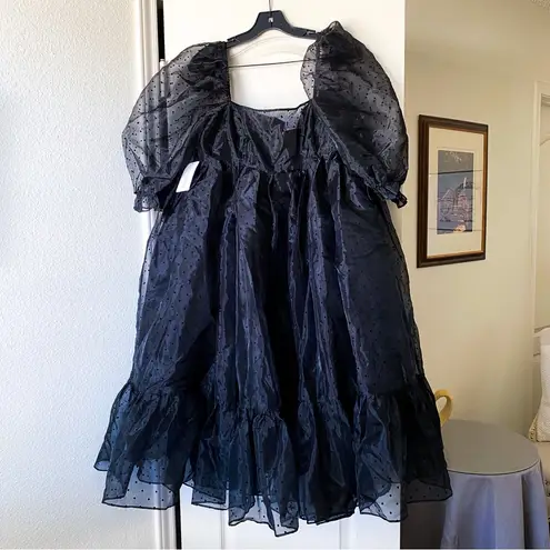Selkie Caviar French Puff Dress Midi Black Polka Dot Organza XL NWT