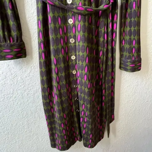 Boden button up shirt dress 70s long sleeve belted indie printed teacher career Green Size 2