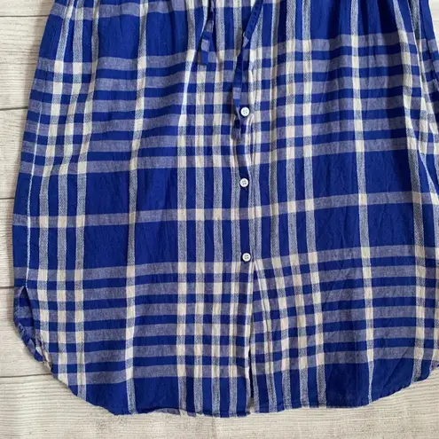 ZARA  Linen-Cotton Blend Blue Gingham Check Shirt Dress with Drawstring Waist