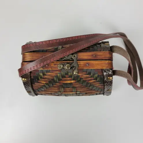 Vintage Basket Purse Two Tone Brown Rattan Bamboo Leather Trim Woven Hinged