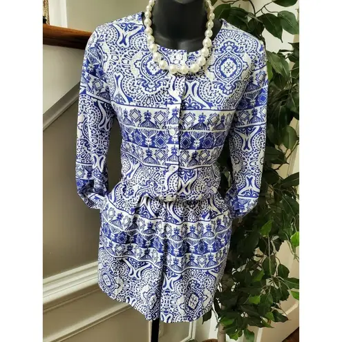 Freeway Apparel Boutique Freeway Women's Blue & White Polyester Long Sleeve Round Neck Romper S