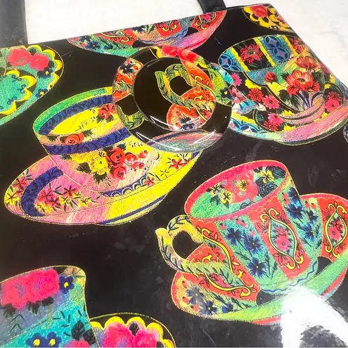 Vintage Angela Frascone Colorful Teacup Print Artistic Statement Bag Designer Black